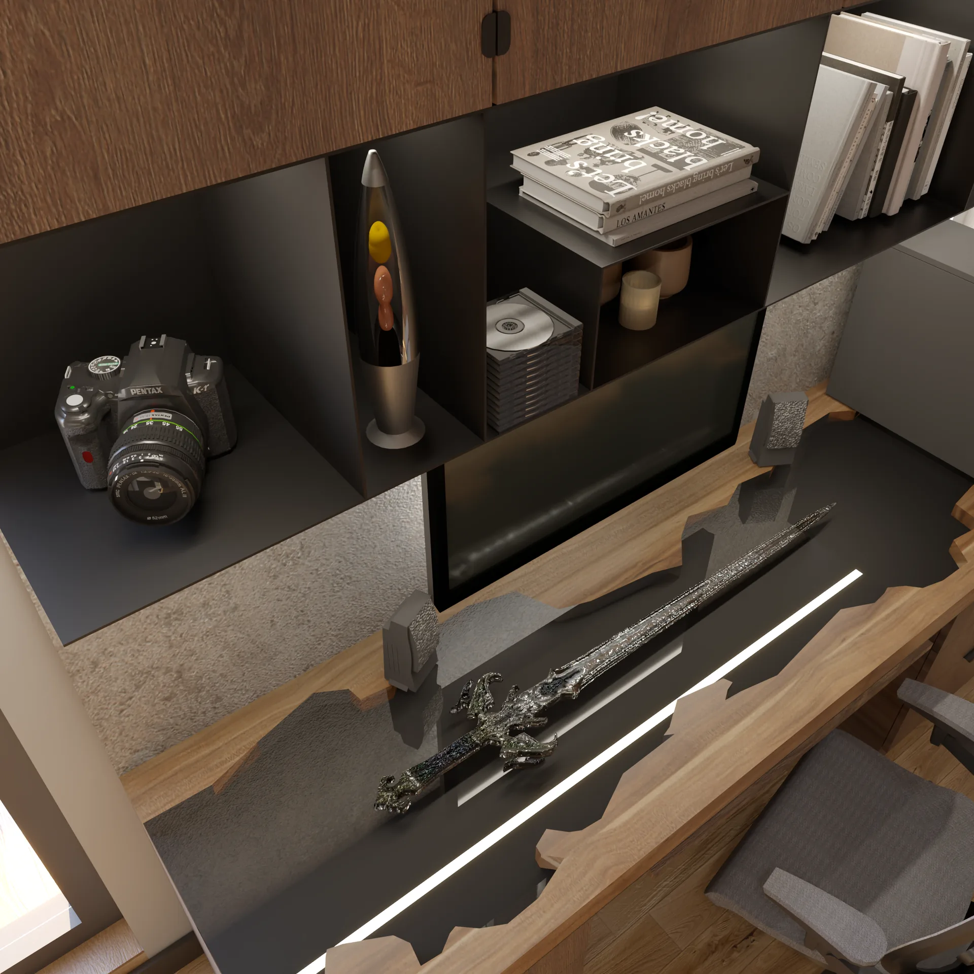 Biurko z monitorem i detalami w gabinecie, projekt wnętrza domu w Kielcach