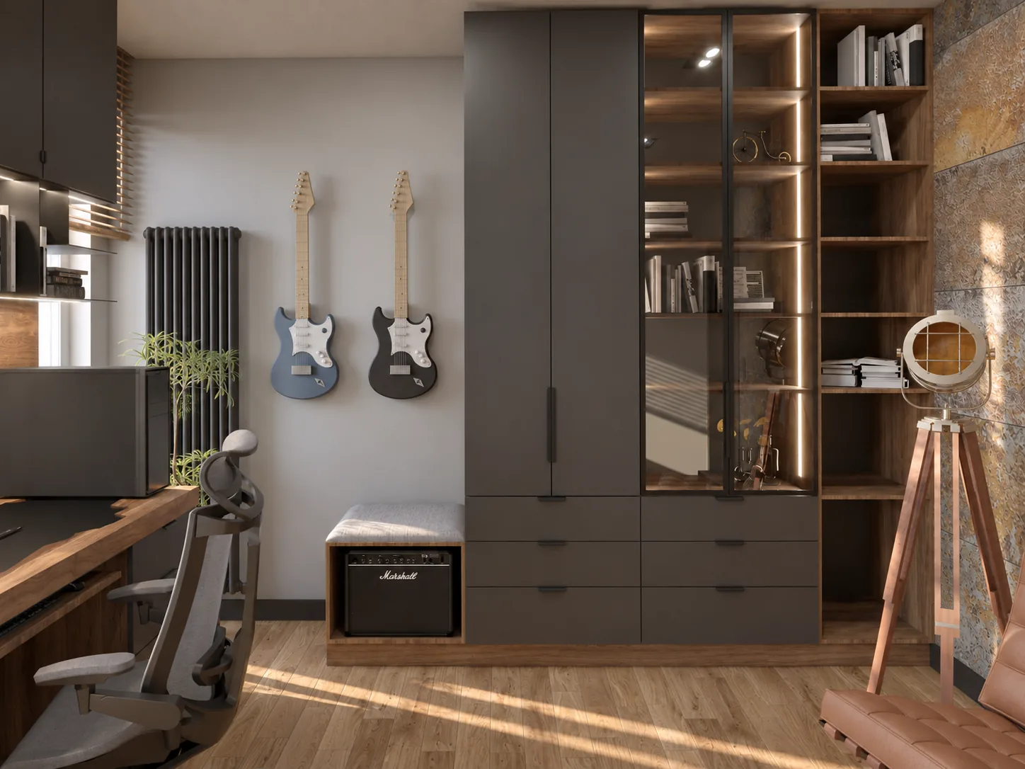 Gabinet z regałem, gitarami i wzmacniaczem, projekt wnętrza domu w Kielcach
