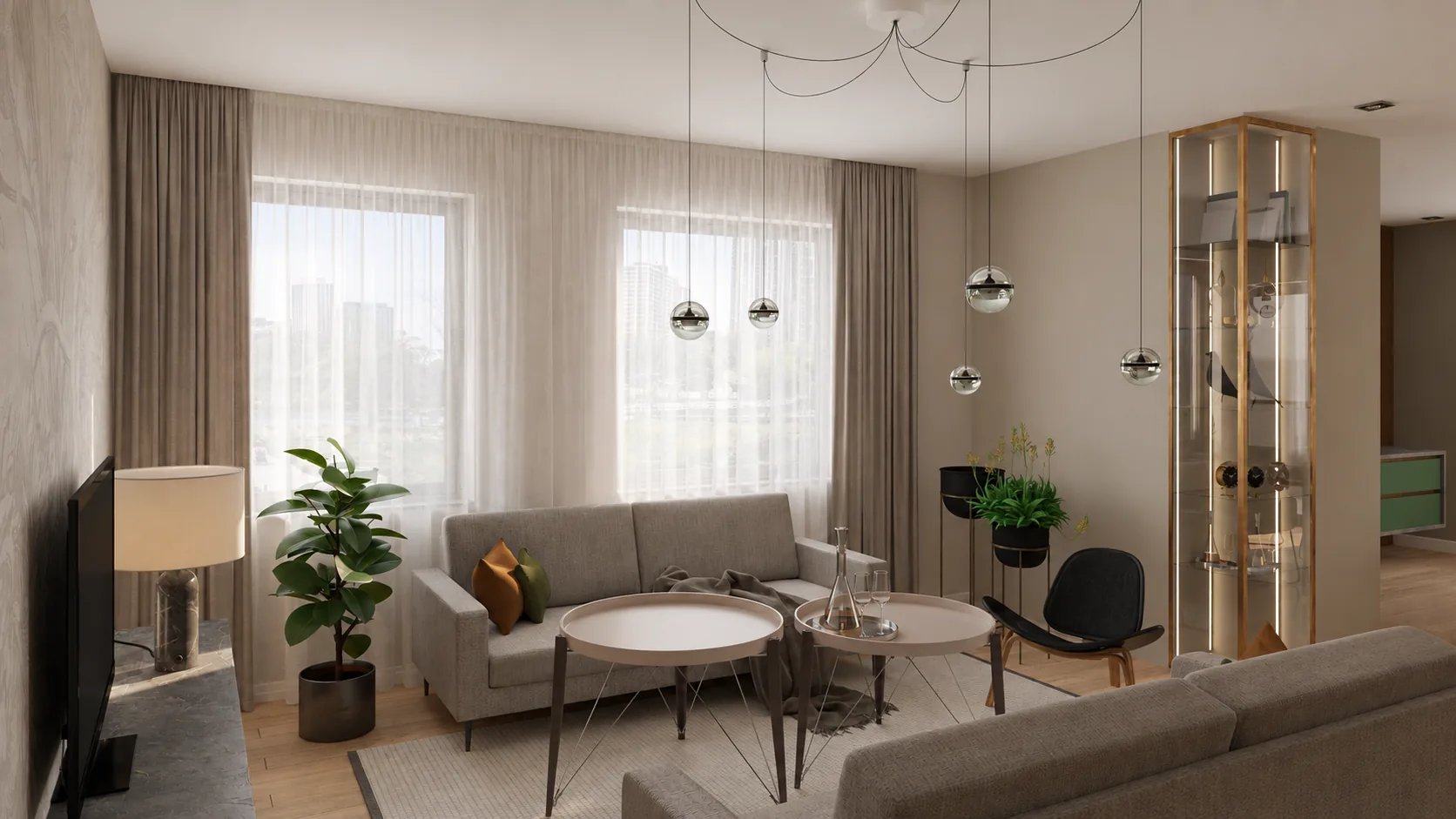 Salon w stonowanych tonach z beżową sofą i przeszkloną witryną, projekt wnętrza mieszkania w Krakowie